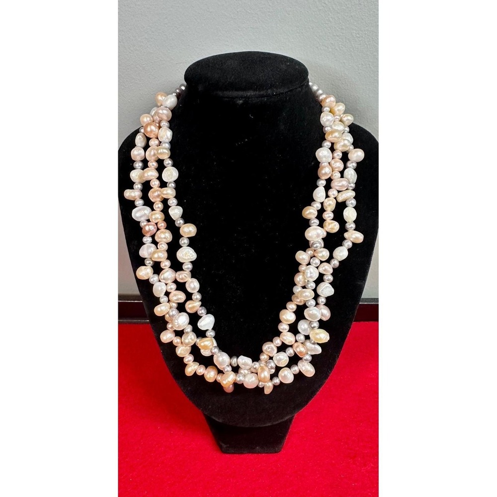 Elegant 3 Strand Baroque Freshwater Pearl Necklace 925 Sterling Clasp Multicolor